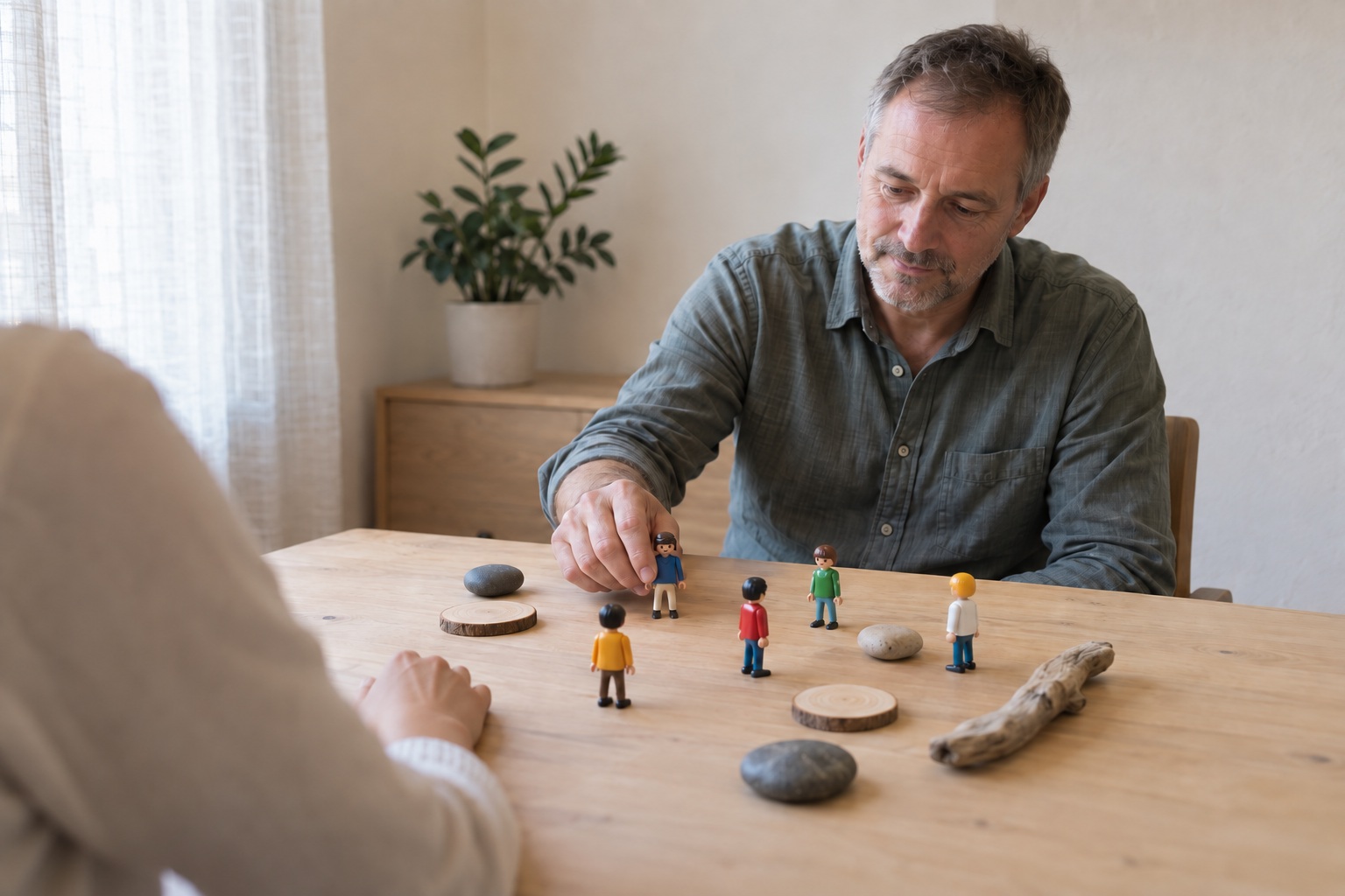 Tafelopstelling met poppetjes tijdens een systemische sessie