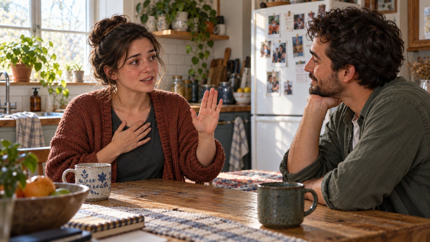 Een vrouw geeft aan de keukentafel rustig haar grens aan, met een hand op haar borst, terwijl haar gesprekspartner aandachtig luistert