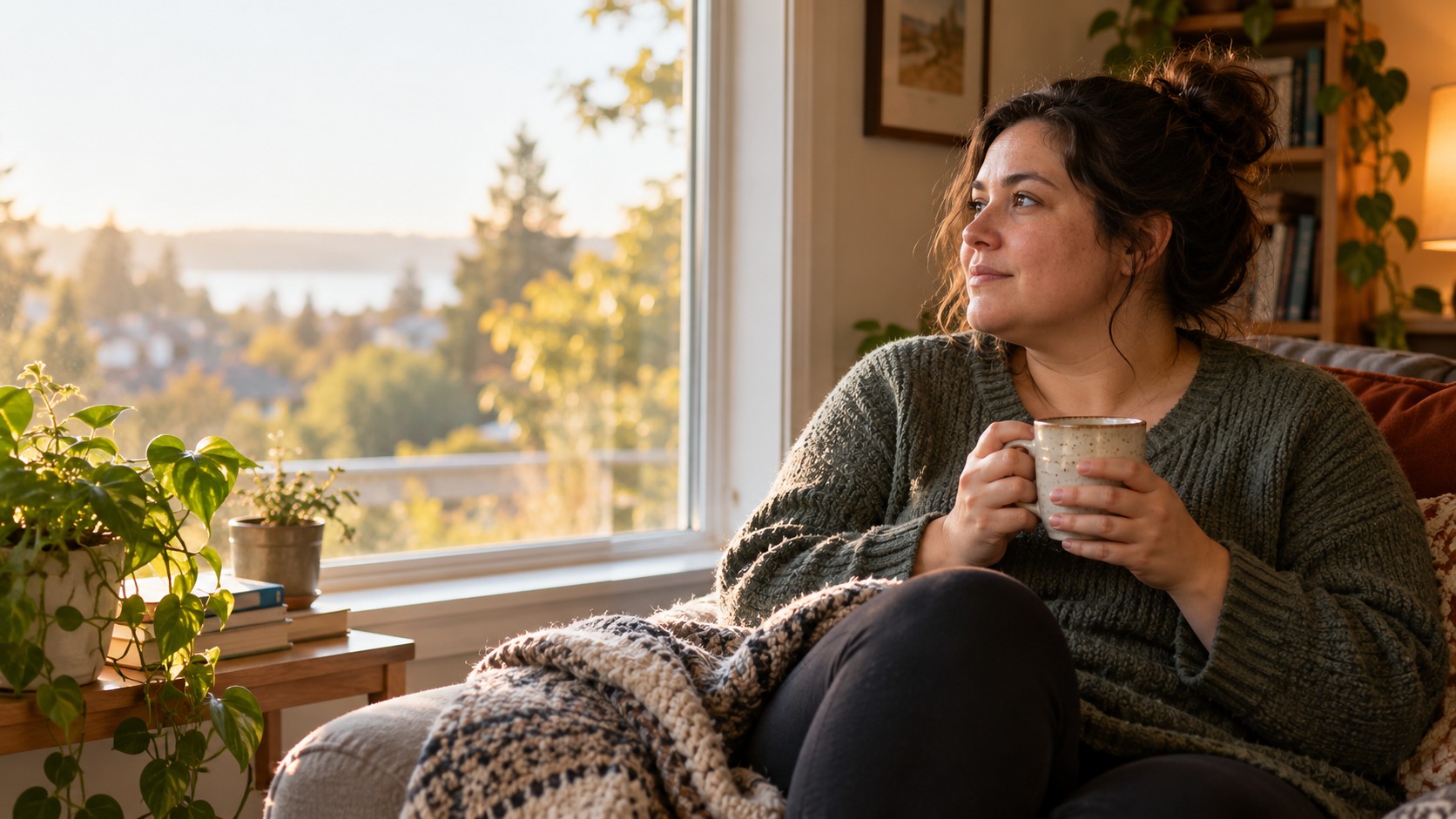 Een vrouw in herstel zit op een stoel met een warme drank in haar handen en kijkt naar buiten door het raam